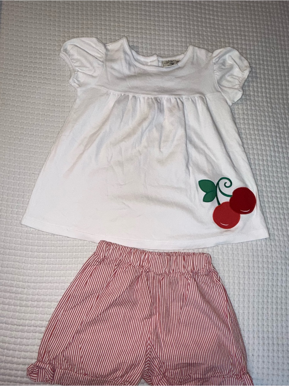Girls White Cherry Tee and Pink Stripe Shorts Matching Set